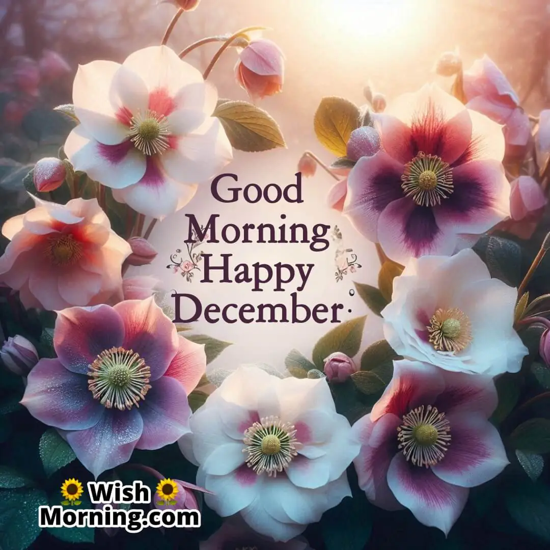 Hellebores (Christmas roses) in white, pink, and purple blooming in a frosty garden with soft December morning light and Good Morning Happy December text.