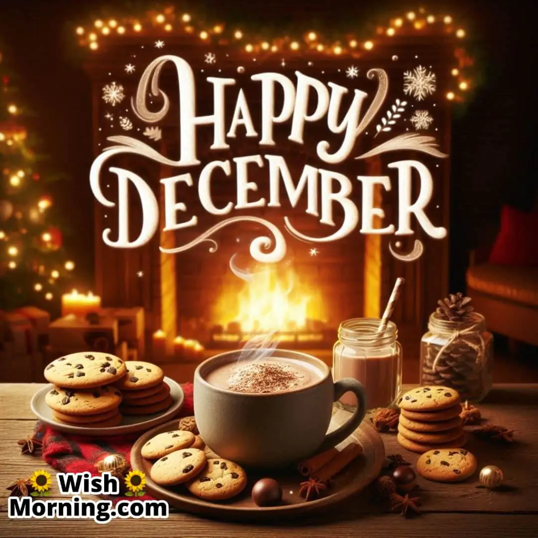 Cozy indoor scene with hot chocolate, cookies, and fireplace; Happy December text written in a playful font.