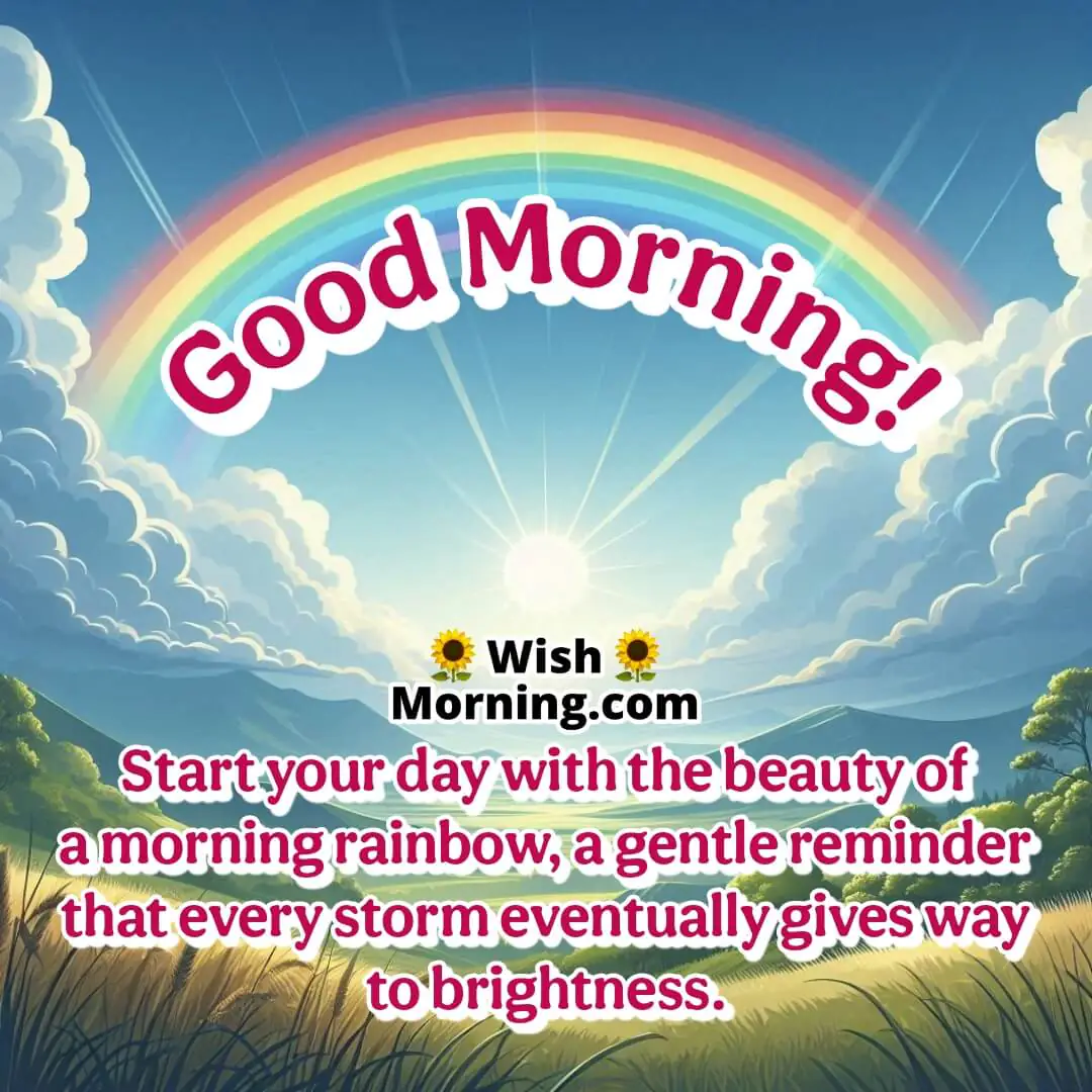 A vibrant rainbow across the sky with sunlight breaking through clouds after rain.