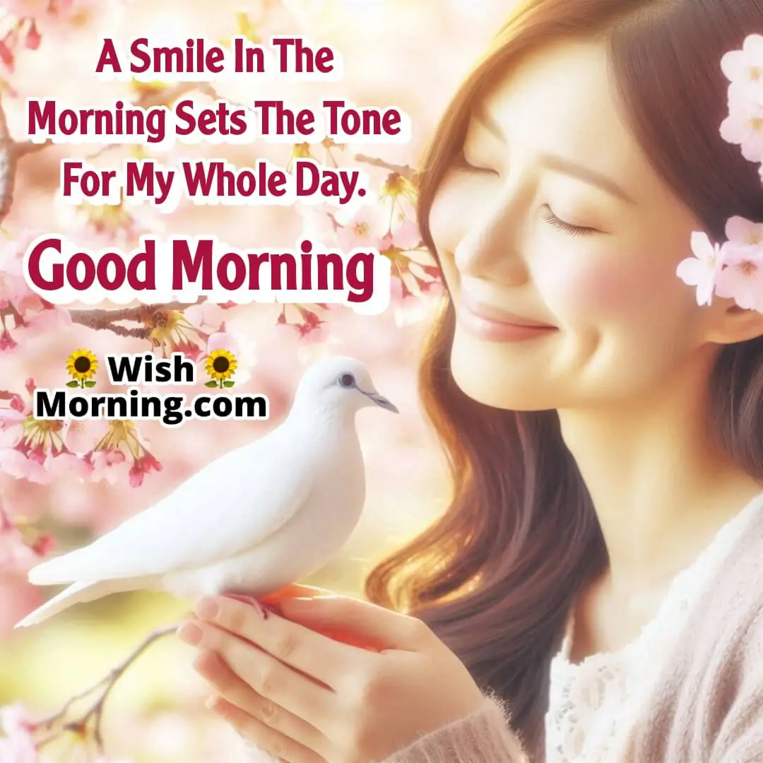 Smiling person near cherry blossoms with a gentle dove resting nearby, symbolizing peace and happiness with a softly blurred background.