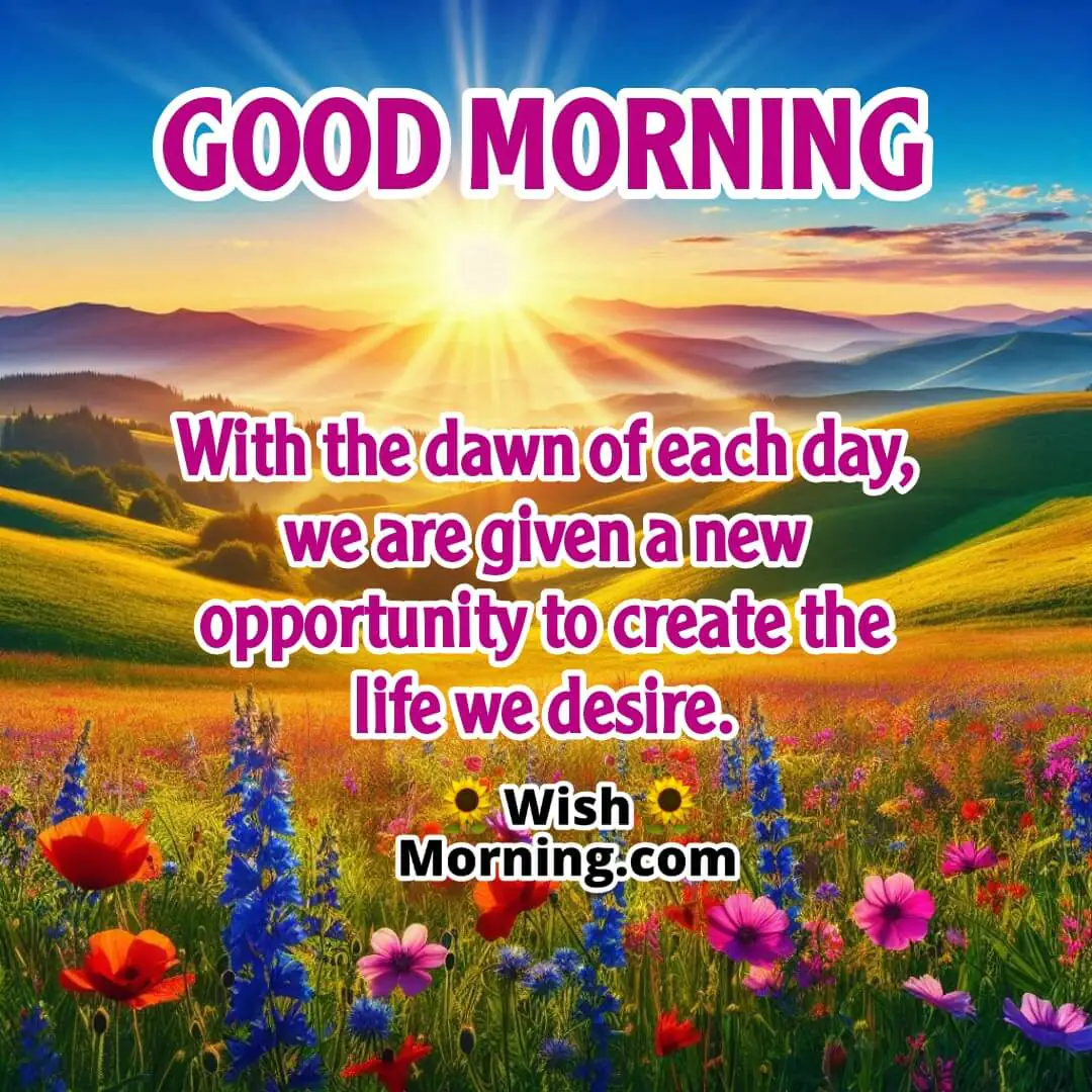 Vibrant morning landscape with sun over rolling hills, wildflowers, and text at the bottom.