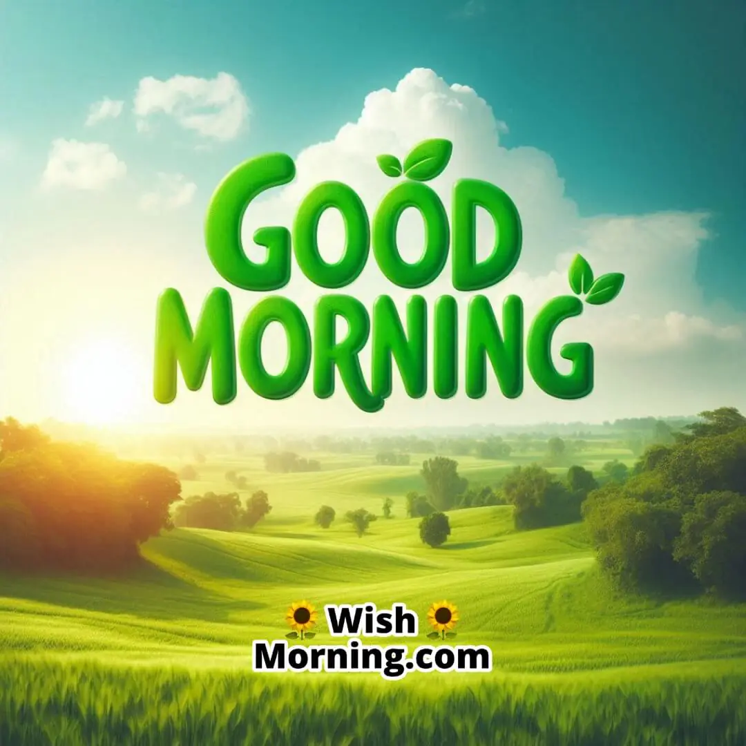 Sunny field with greenery and clear sky; bold green Good Morning text in the sky.
