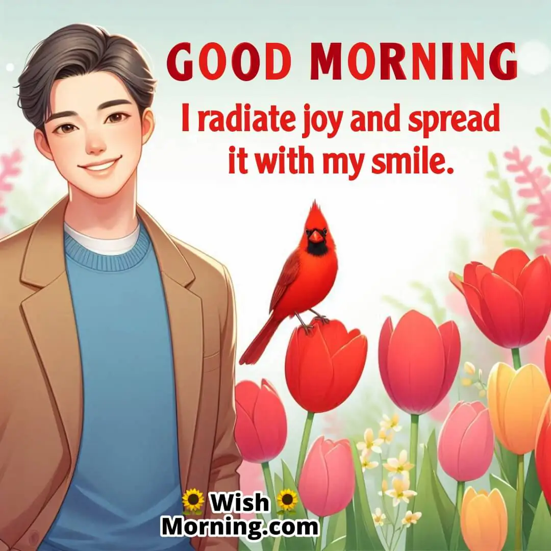 Smiling person standing beside tulips with a cardinal perched nearby, evoking energy and optimism against a softly blurred background.