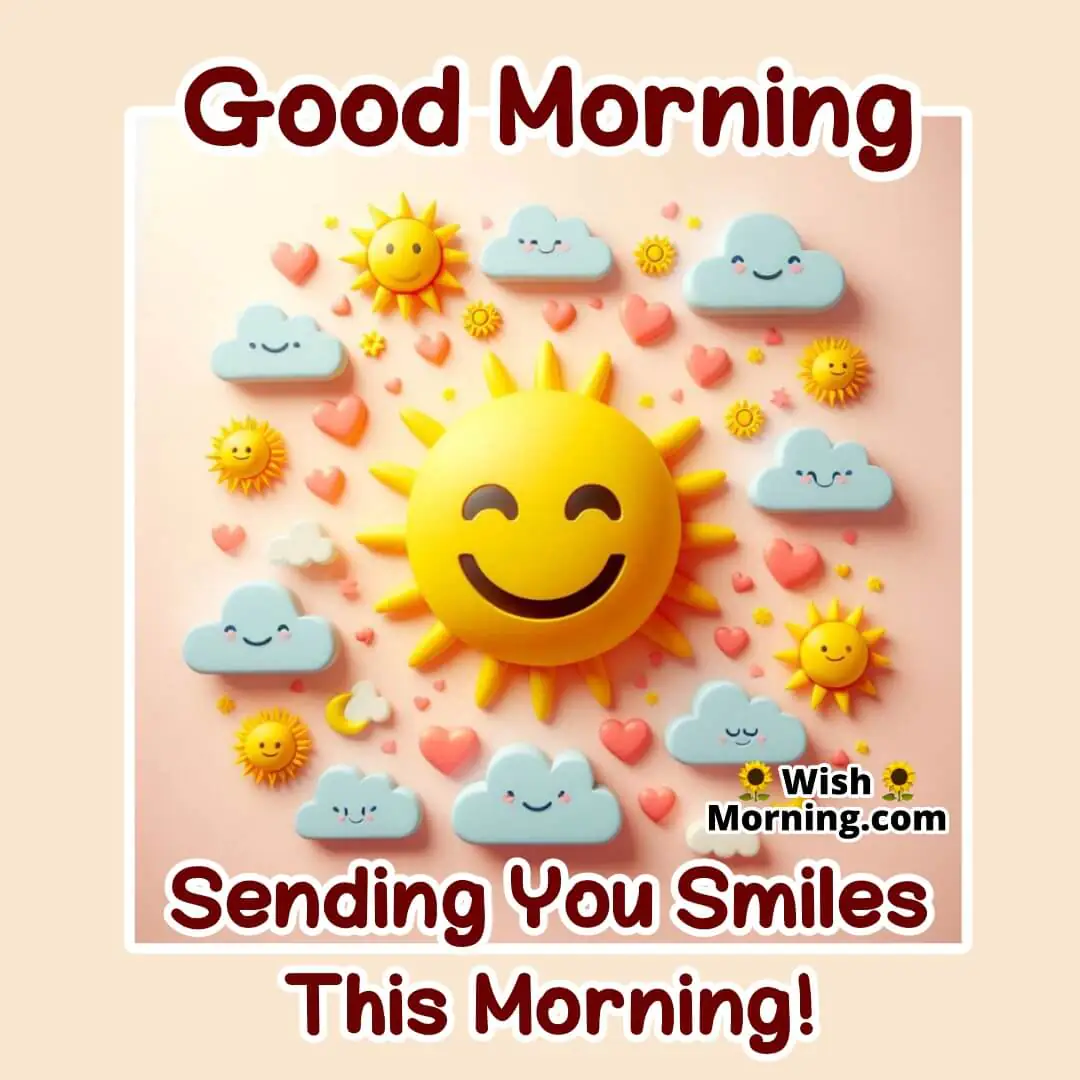 Large yellow smiley face emoji surrounded by smaller emojis of hearts, sunshine, and clouds on a soft pastel background, creating a cheerful vibe.