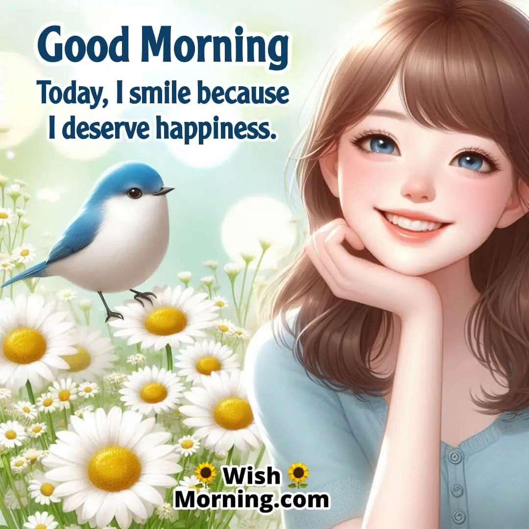 Smiling person among daisies with a bluebird perched nearby, conveying positivity with a slightly blurred background.