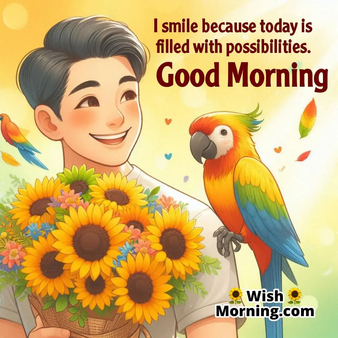 Smiling person holding a vibrant sunflower bouquet with a colorful parrot perched nearby, against a blurred background.