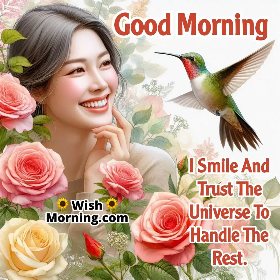 Smiling person near roses with a hovering hummingbird, capturing joy and freshness with a lightly blurred background.