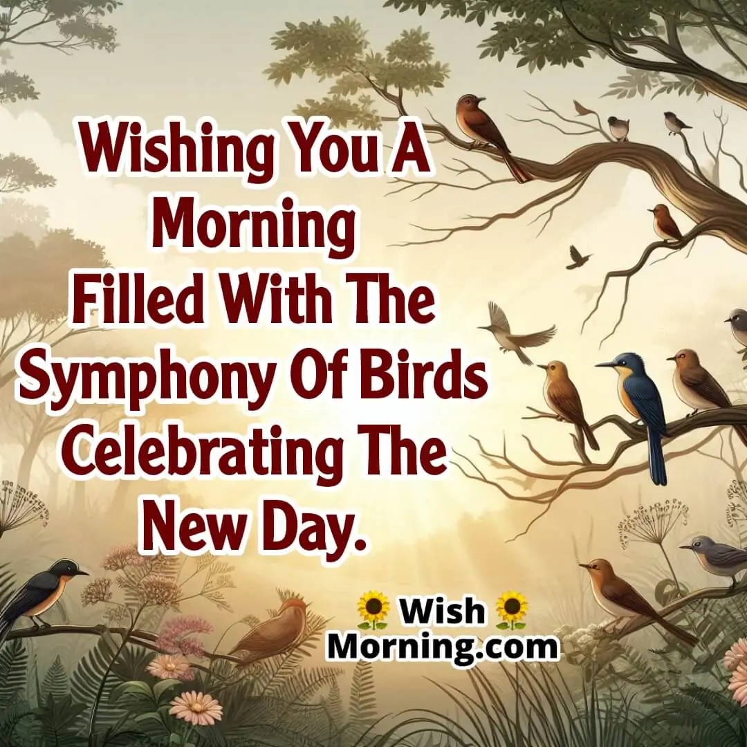A serene wooded area at sunrise with birds chirping on branches.