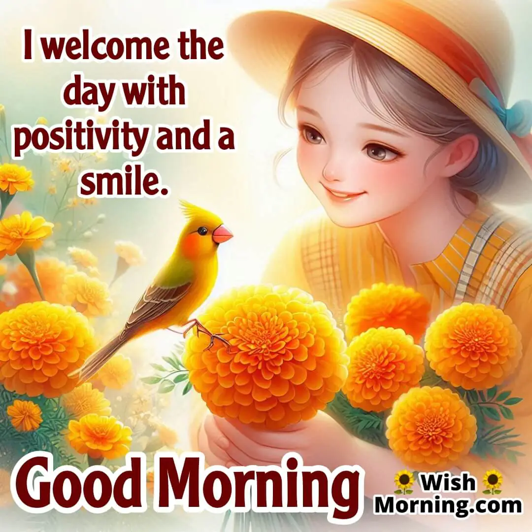 Smiling person holding a marigold flower close with a playful finch nearby, creating a bright scene with a subtly blurred background.