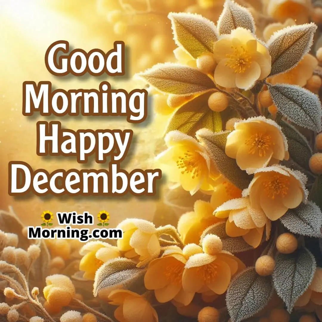 Delicate yellow winter jasmine flowers in bloom with frost, glowing under December sun, and Good Morning Happy December text.