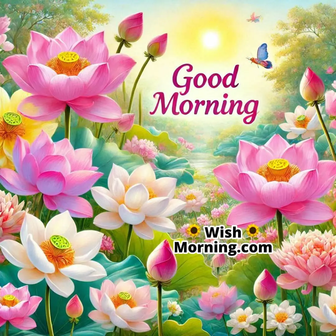 A bright garden filled with blooming lotus flowers and a cheerful Good Morning nestled among the blossoms.