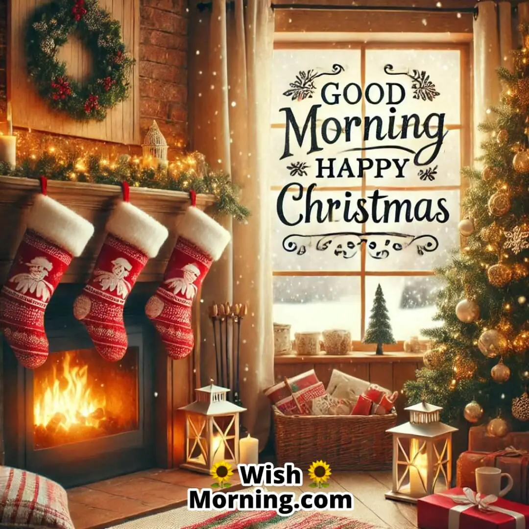 Christmas morning fireplace scene with stockings, tree, and "Good Morning Happy Christmas" in the firelight.