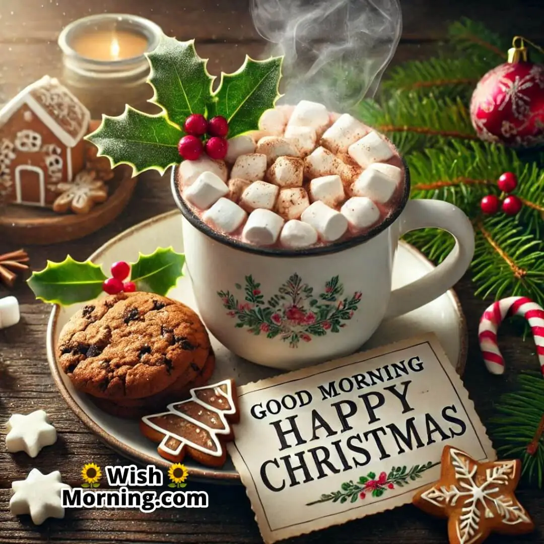 Hot cocoa with marshmallows and holiday cookies with "Good Morning Happy Christmas" in the steam.