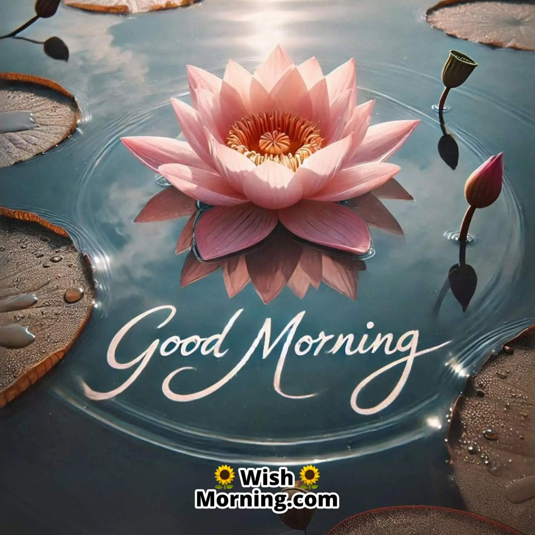 A single lotus flower floating on clear water with Good Morning written softly across it.