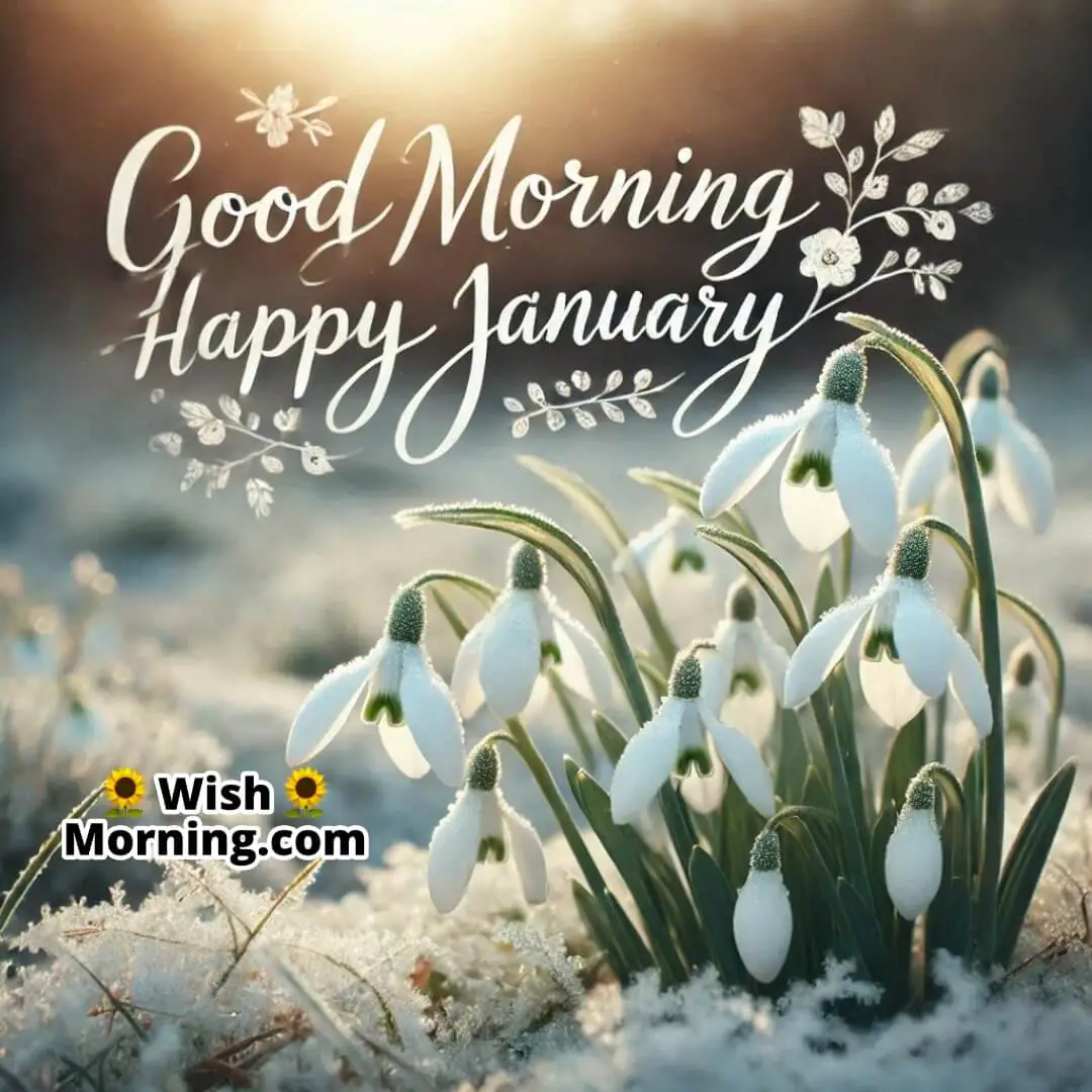 Snowdrops blooming through frosted ground with January sunlight, featuring Good Morning Happy January in elegant text.