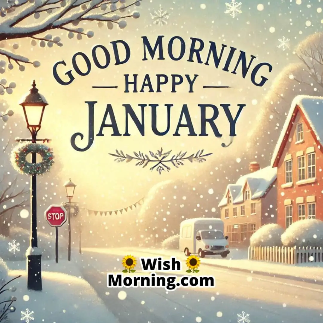 Snow gently falling on a quiet street during a serene January morning, with soft light and Good Morning Happy January in an elegant font.