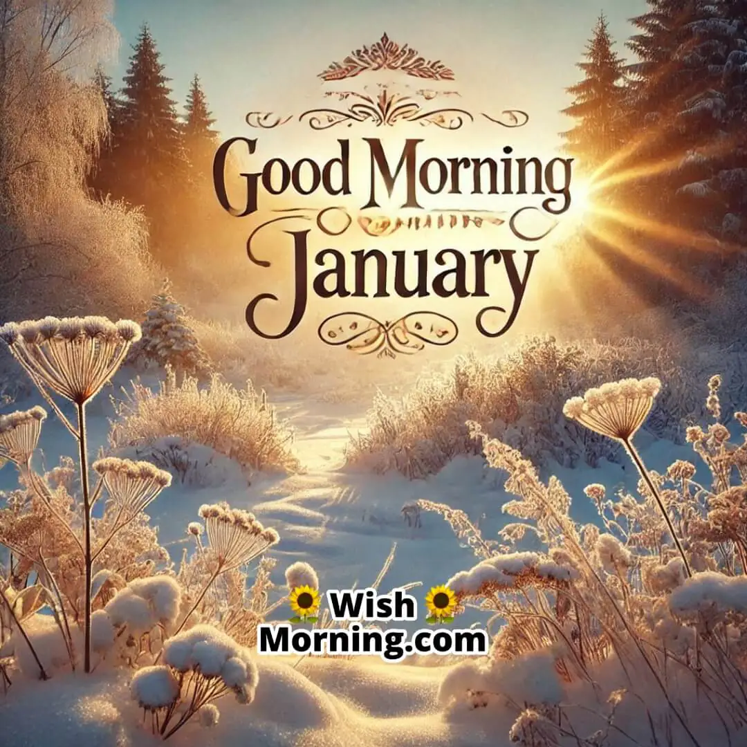 A snow-covered garden and soft morning sunlight, featuring Good Morning Happy January in a graceful font.