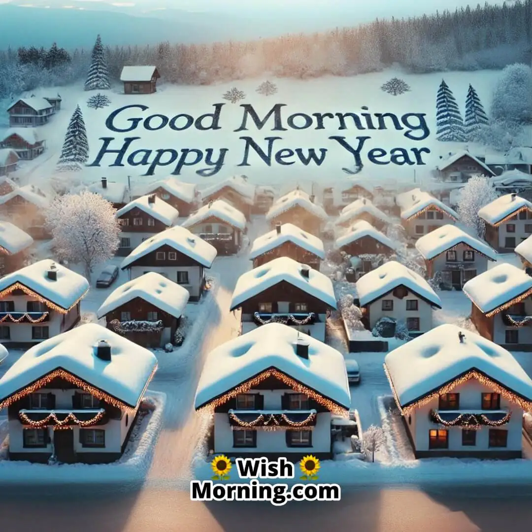 Snow-covered town on New Year’s Day with Good Morning Happy New Year on snowy rooftops.