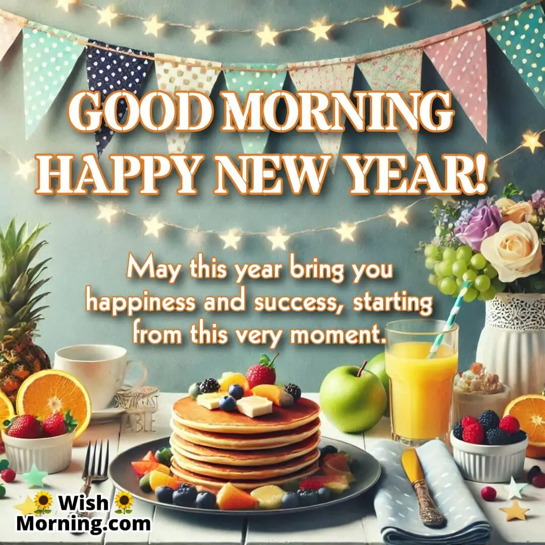 A festive New Years breakfast spread with champagne and pancakes, ideal for morning greetings.