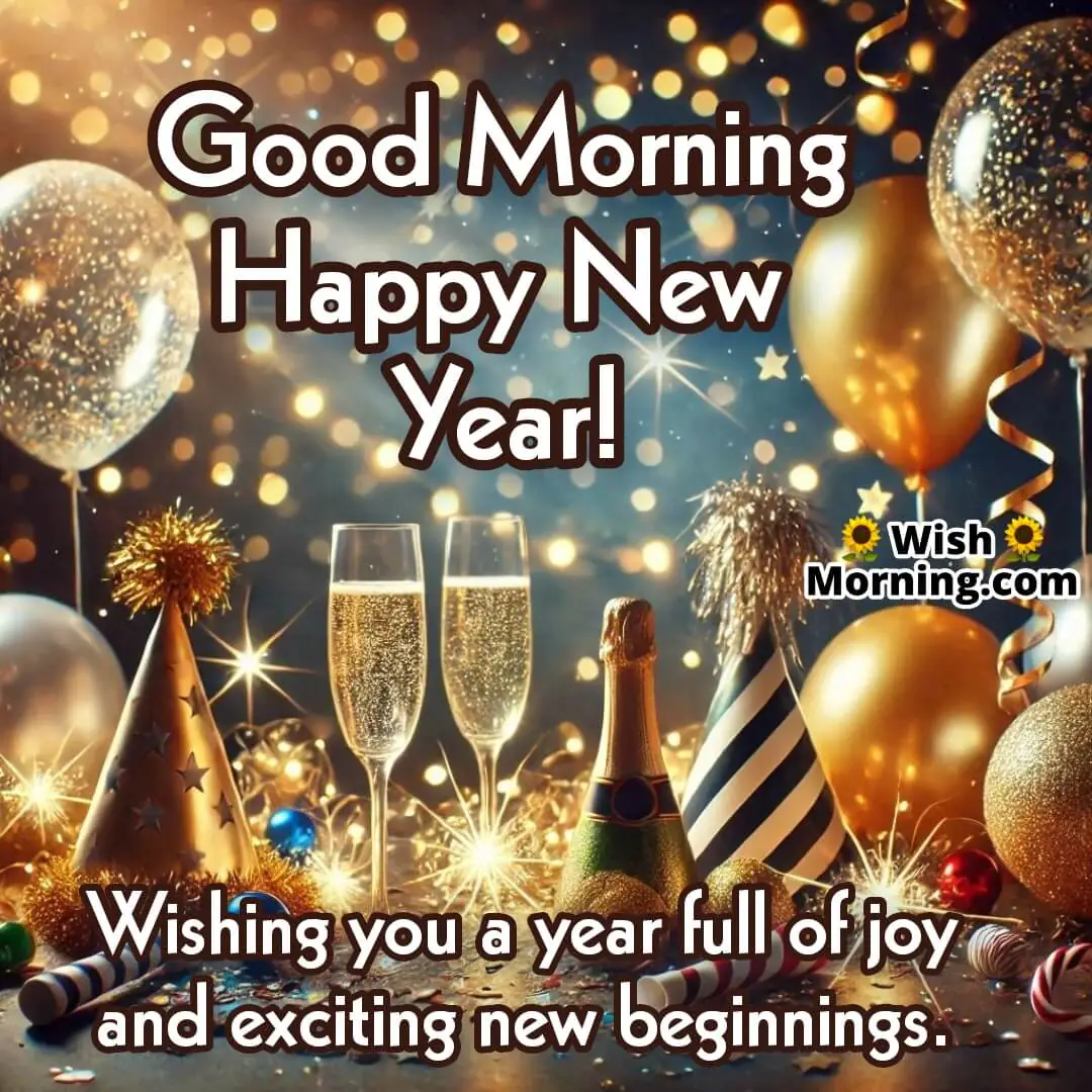 A vibrant New Years celebration scene with balloons and party decor, ideal for morning wishes.