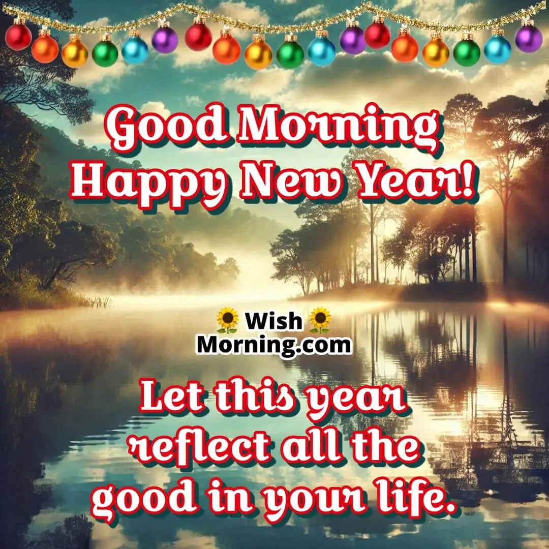 A serene lake reflecting the sky on New Year’s Day, perfect for peaceful morning wishes.
