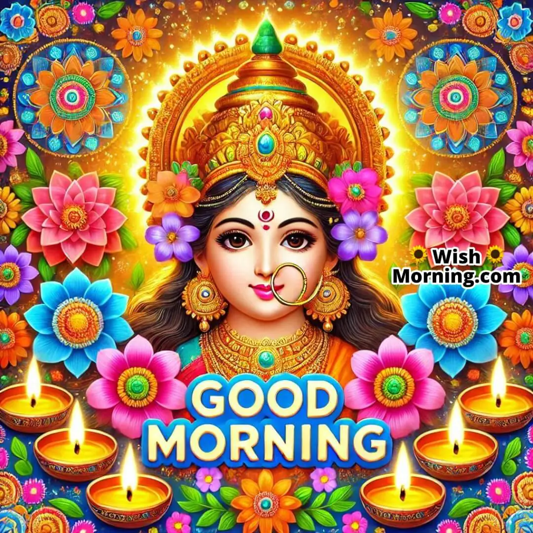 Lakshmi Mata surrounded by diyas and rangoli, with Good Morning text.