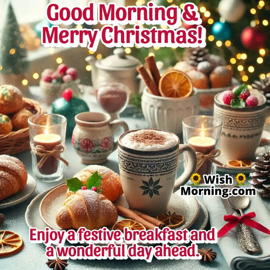 A festive Christmas breakfast setting with warm drinks and pastries, perfect for morning wishes.