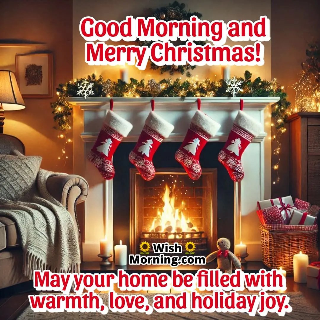 A warm and festive fireplace with stockings, ideal for Christmas morning greetings.