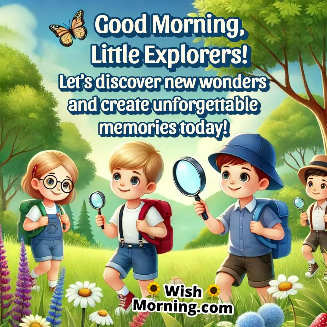 A child exploring nature with a magnifying glass, surrounded by trees, animals, and the sun, symbolizing discovery.