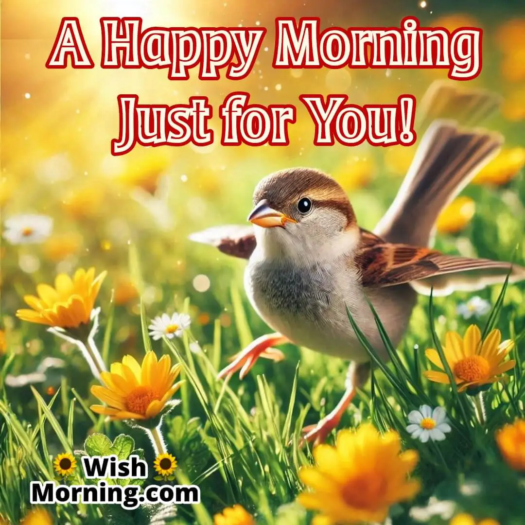 Sparrow hopping on green grass with yellow flowers in sunlight.