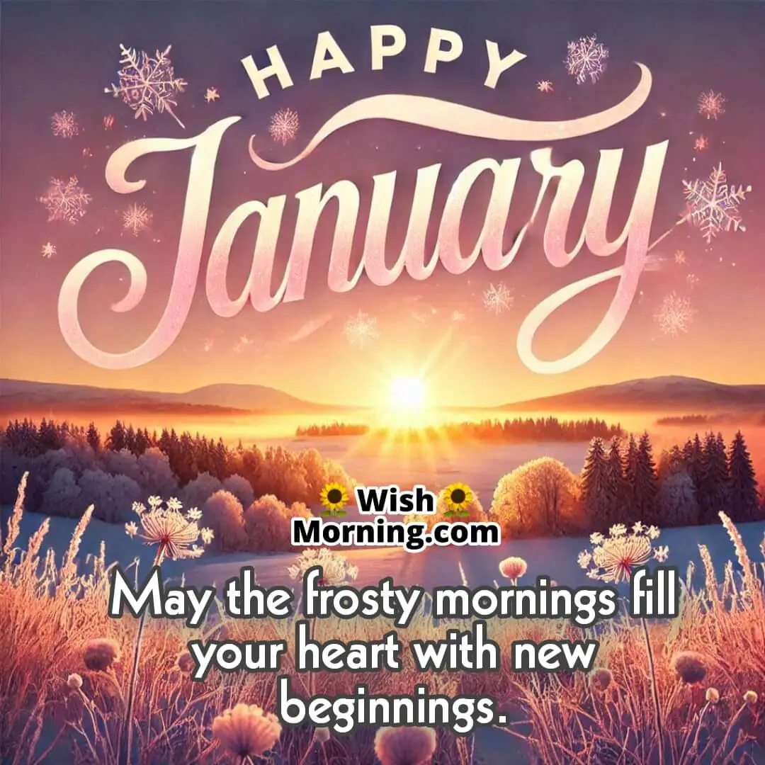 January sunrise over a frost-covered field, pink and gold hues glowing, with Happy January text at the top.