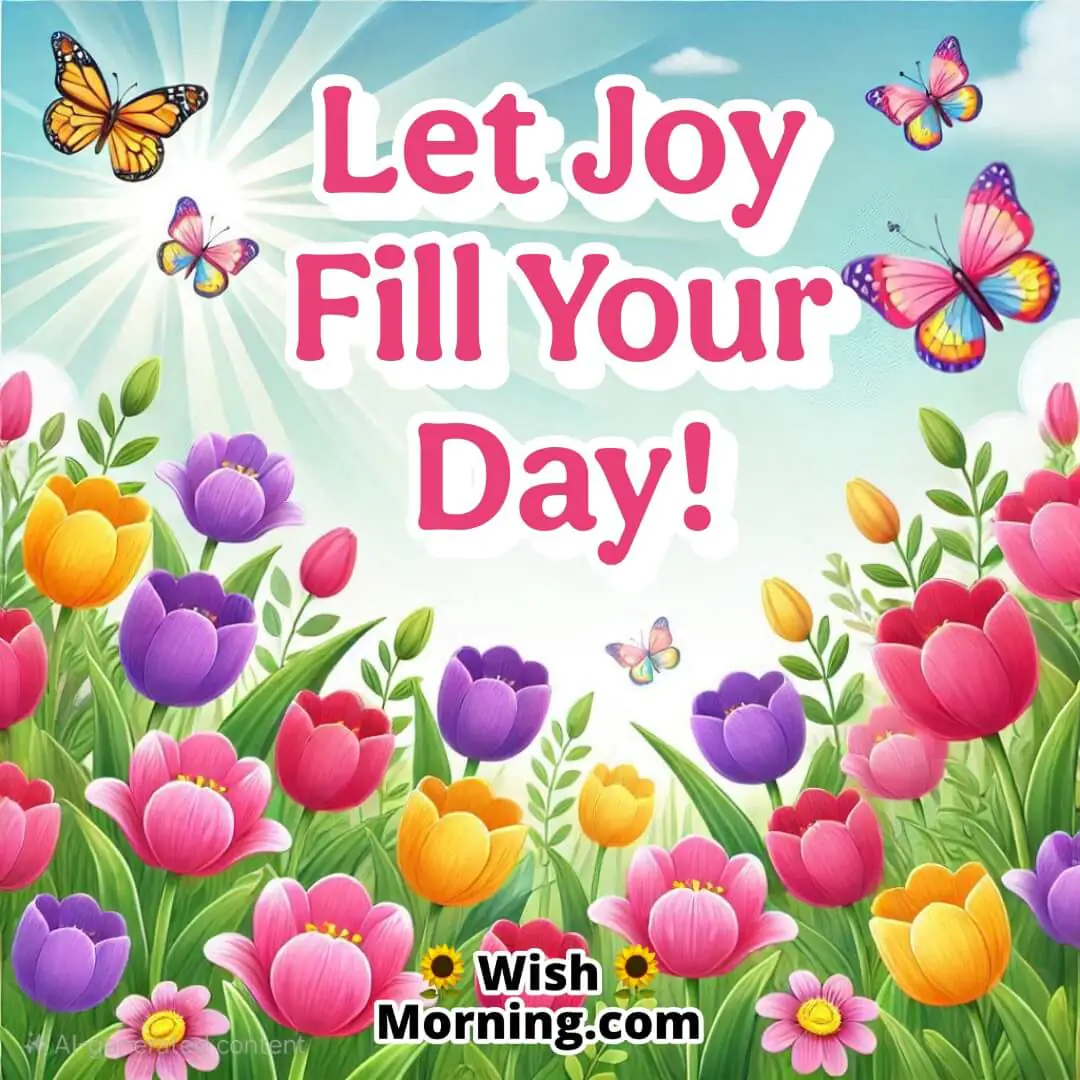 Colorful tulip garden with butterflies under sunlight for a cheerful day.