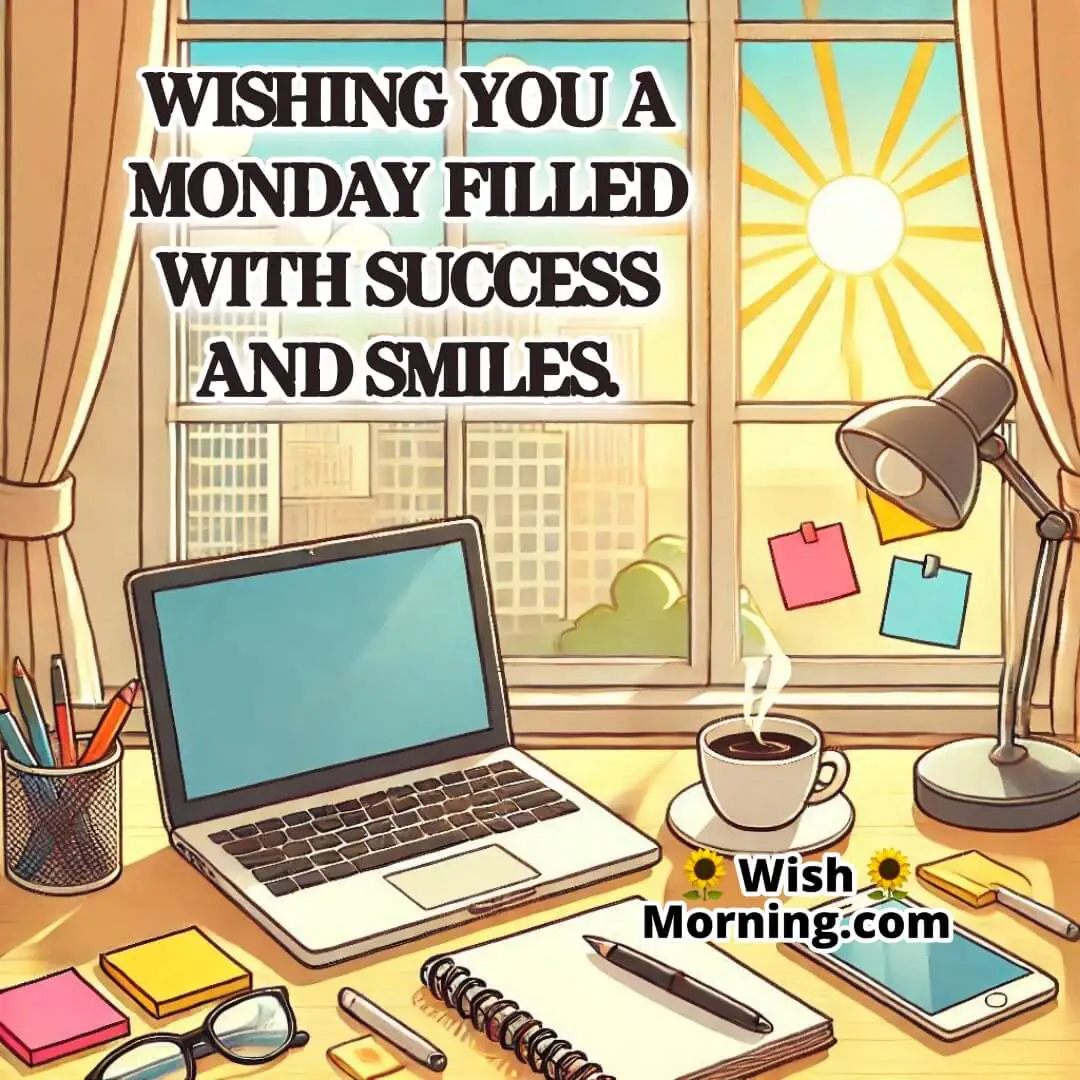 A tidy desk with motivational elements, symbolizing success and positivity on a Monday morning.