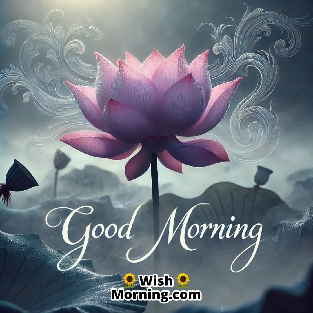 A mystical lotus flower surrounded by morning mist with Good Morning in flowing font.