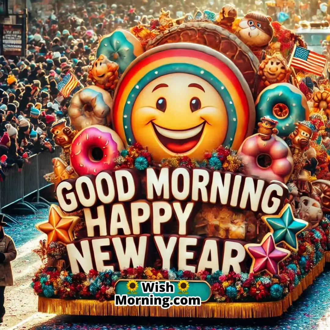 New Year’s Day parade with floats and Good Morning Happy New Year in the decorations.