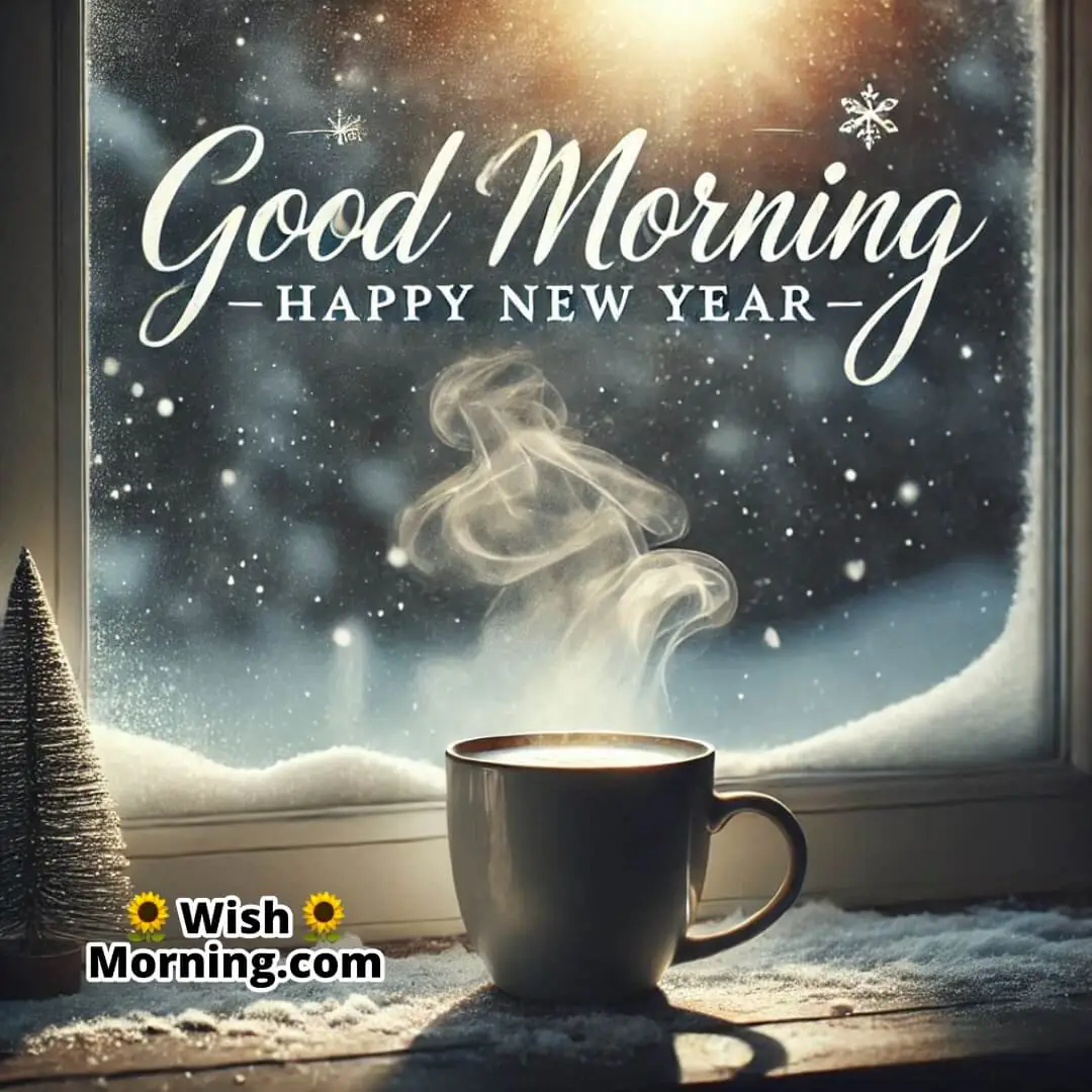Steaming coffee by a window with Good Morning Happy New Year reflected in the glass.