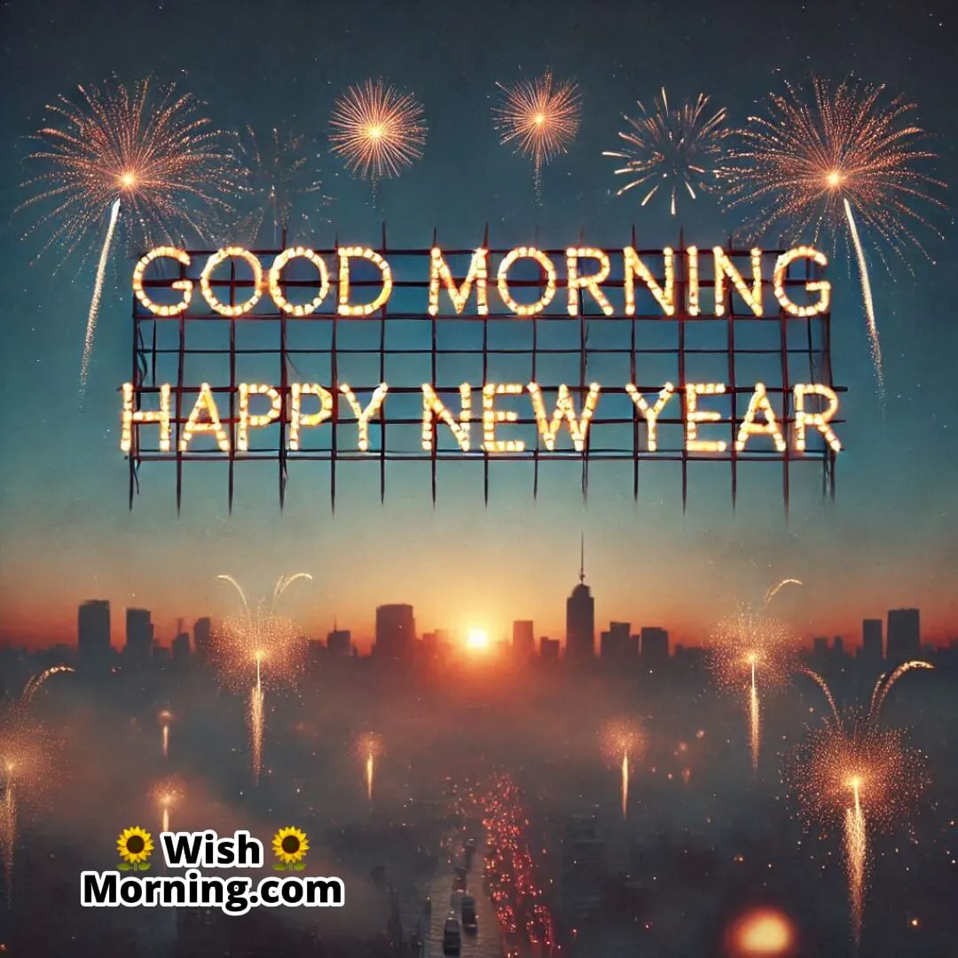 Fading New Year’s Eve fireworks with Good Morning Happy New Year in the sky.
