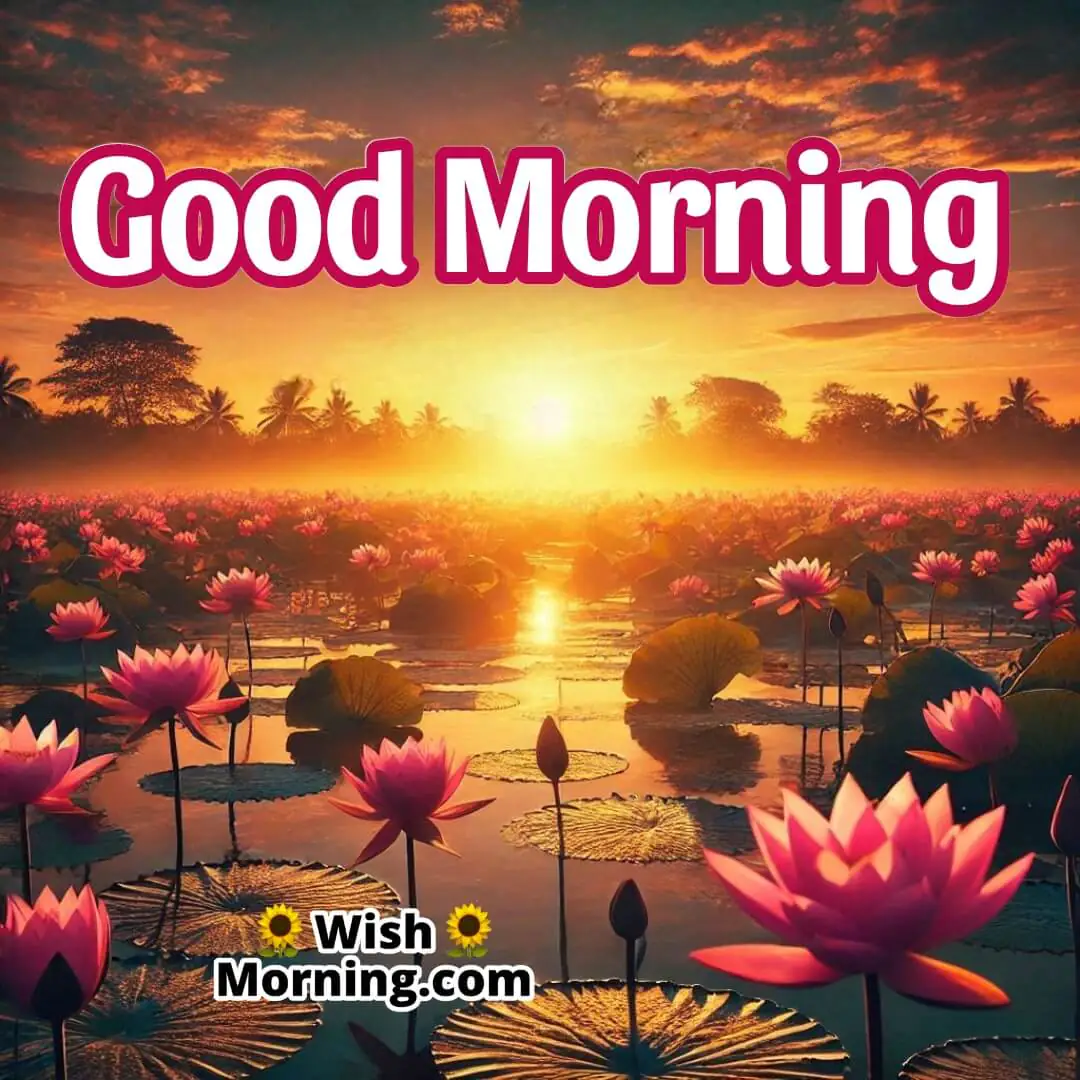 A tranquil lotus pond at sunrise with warm light casting a glow on the water and Good Morning across the sky.
