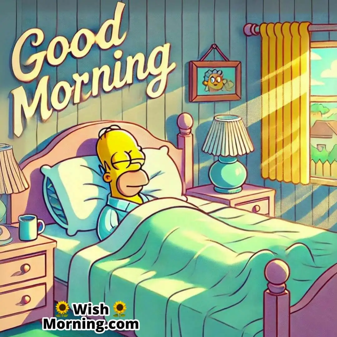 Homer Simpson waking up in his bedroom with sunlight filtering in, cozy Good Morning scene.