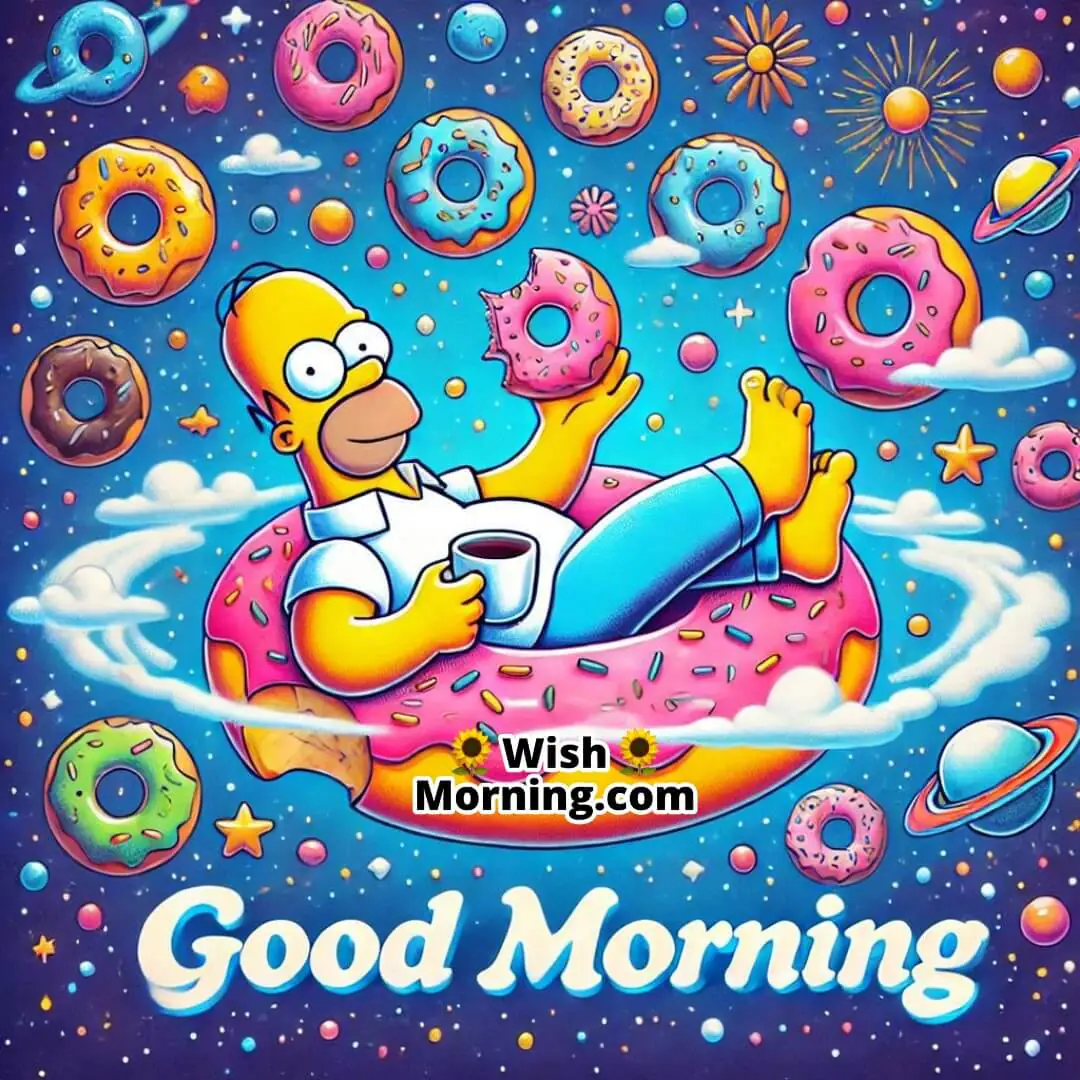 Homer Simpson floating in a doughnut-shaped universe, playful and dreamy Good Morning scene