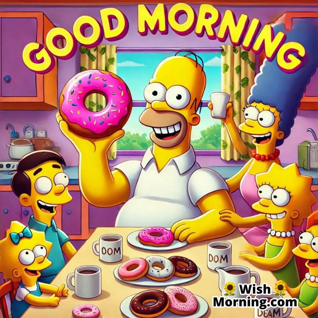 Homer Simpson holding a donut with a goofy smile, perfect for Good Morning wishes, space for text.