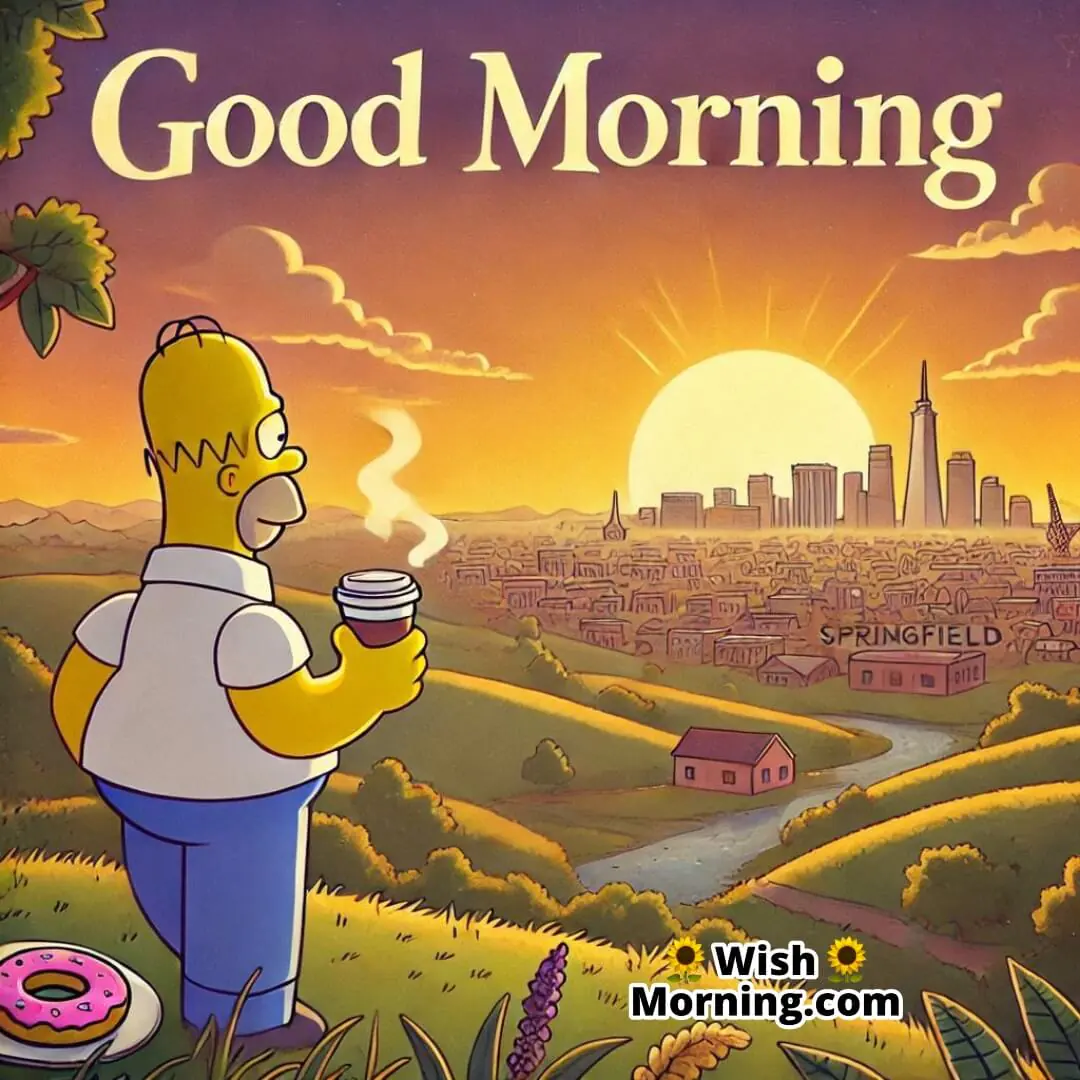 Homer Simpson overlooking Springfield at sunrise, holding a donut and coffee, poetic Good Morning scene.