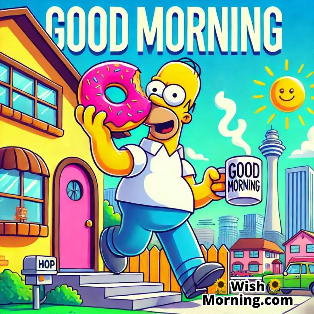 Homer Simpson stepping out of his house with coffee and donut, lively Springfield morning scene, Good Morning image