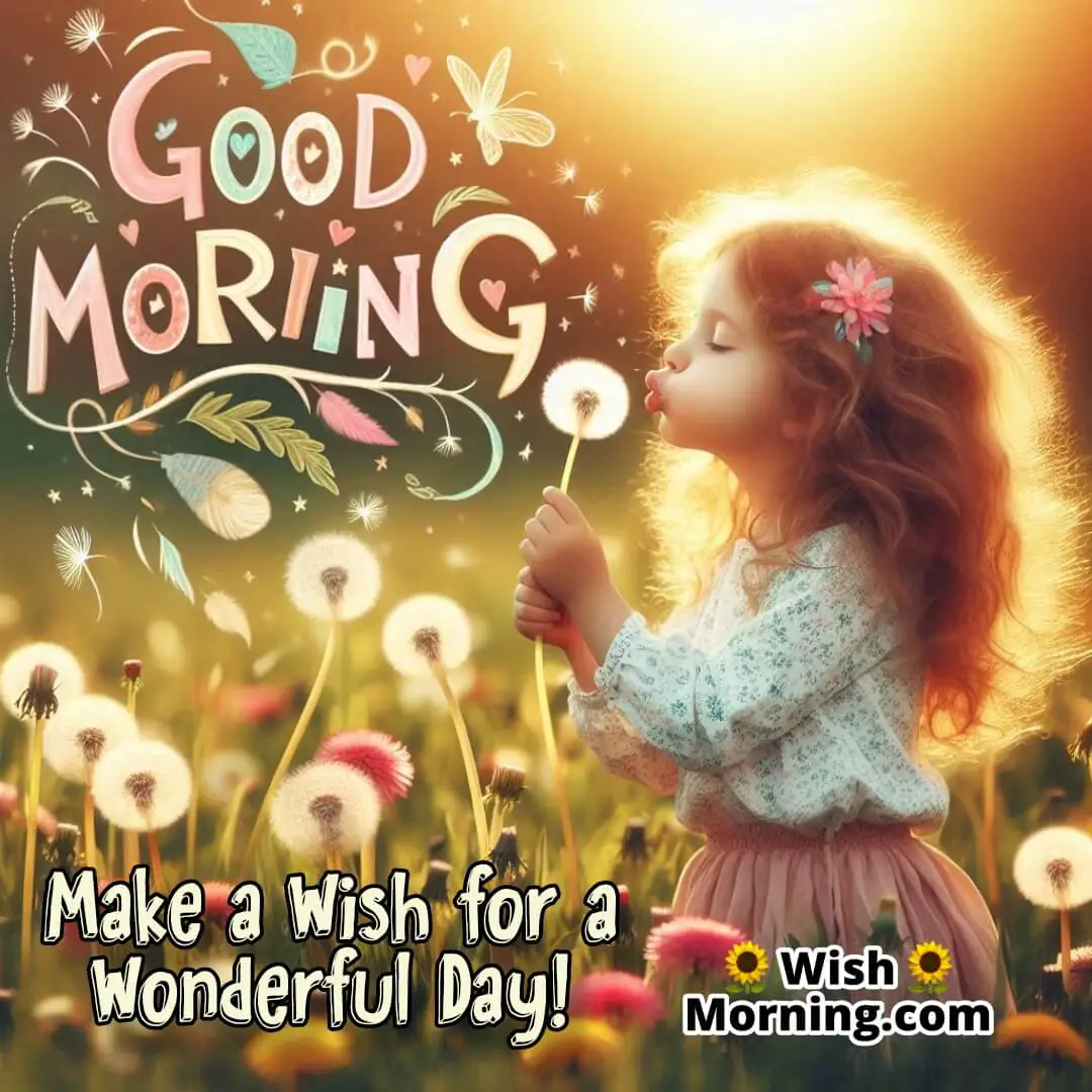 A girl blowing dandelions in a sunny field for a good morning greeting.