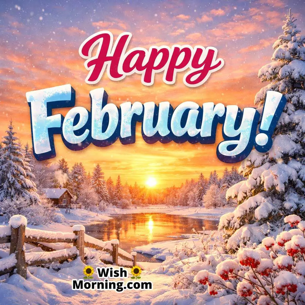 Happy February Snowy Sunrise Image