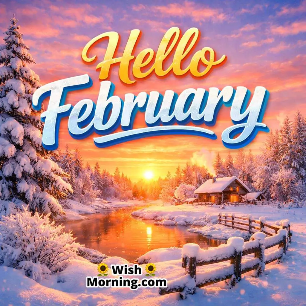 Hello February Snowy Sunrise And Winter Glow Image