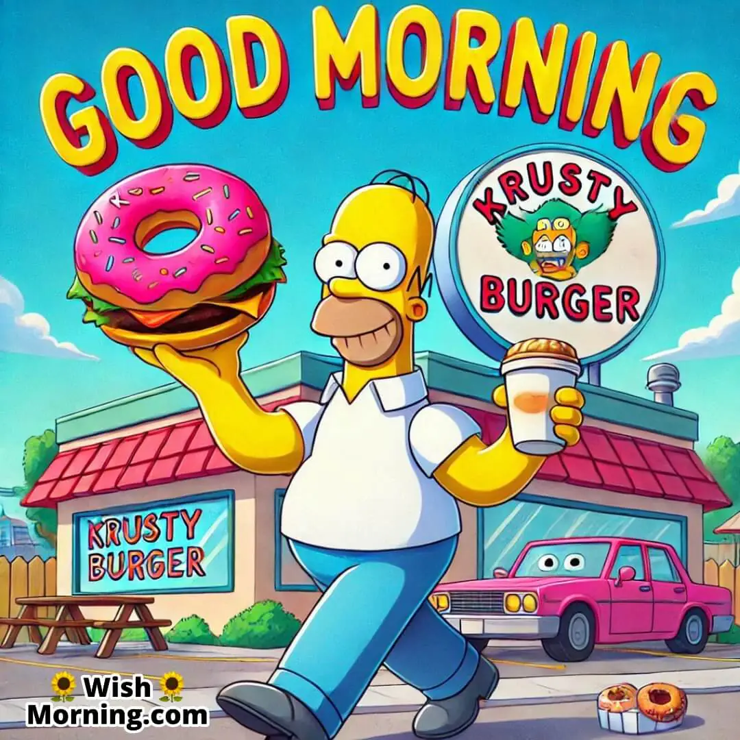 Homer Simpson with a burger and donut outside Krusty Burger, sunny and cheerful morning,