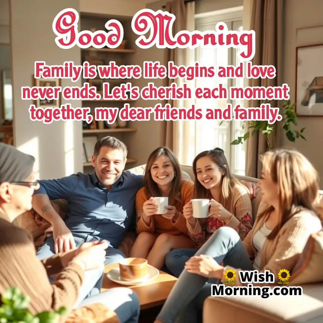 A happy family and friends sharing coffee in a sunlit living room, symbolizing love and togetherness.