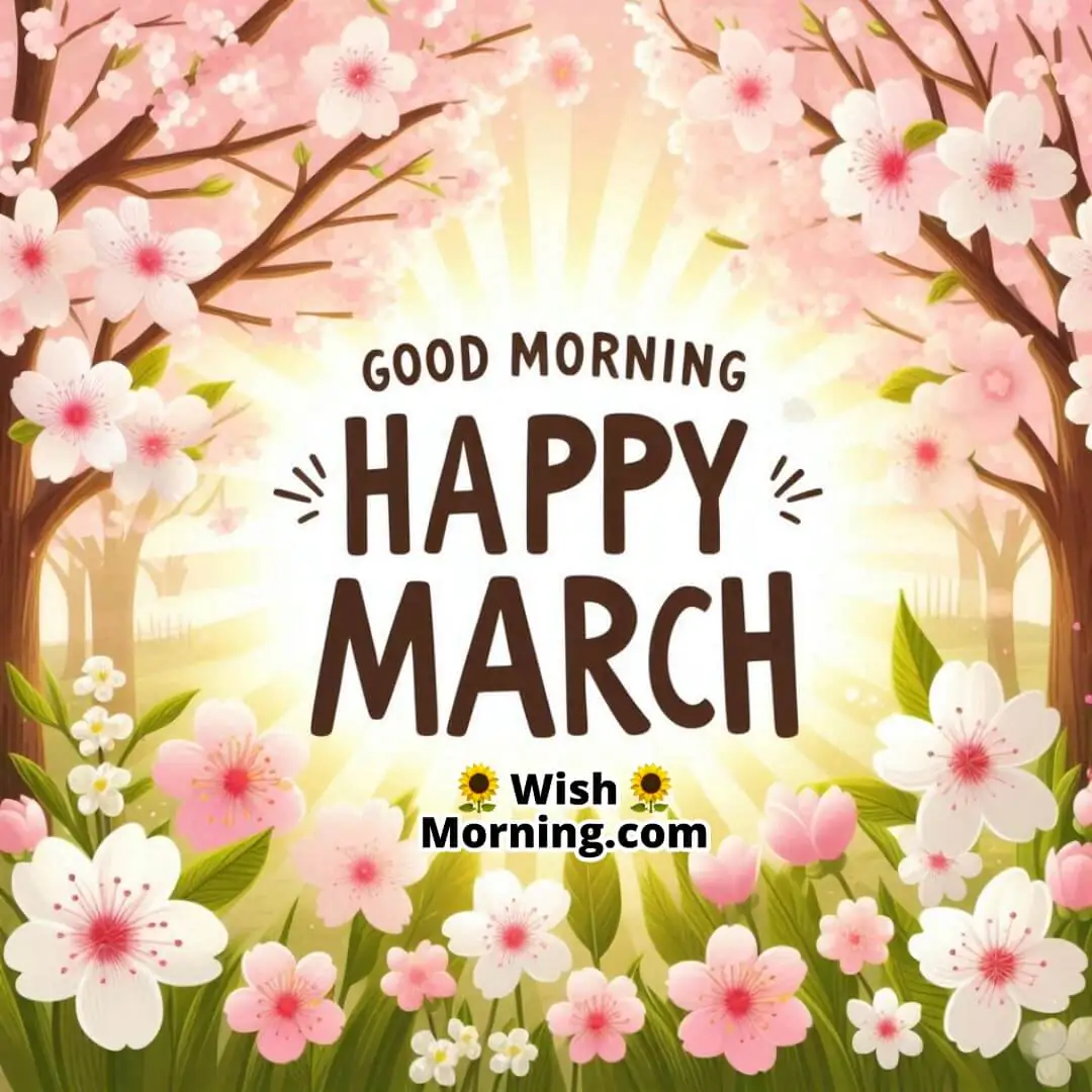 Good Morning Happy March Cherry Blossoms Image