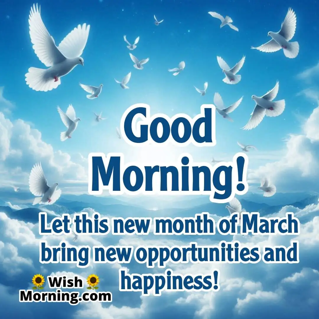 White doves soaring in a bright blue sky, symbolizing peace, hope, and new opportunities in March.